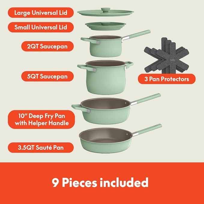 bella 9 Piece Ceramic Nonstick Cookware Set, Fits-anywhere™ Kitchenware w EverGood™ Coating, Dishwasher & Oven Safe, All Stovetops Compatible, Stackable Design, Cool Touch Handles, Seaglass