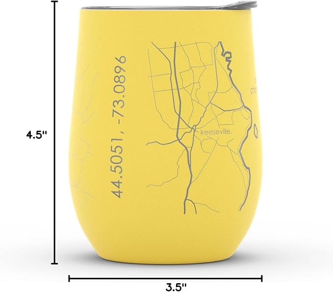 Well Told Engraved Burlington Vermont Map Insulated Wine Tumbler, Etched Stainless Steel Cup (12 oz, Sunrise Yellow) City Map Insulated Tumbler, Custom Insulated Tumbler, Outdoor Drinkware