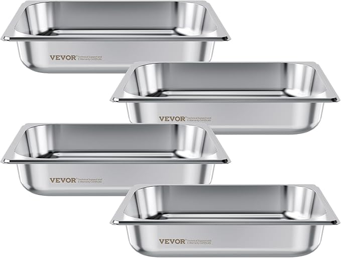 VEVOR 4 Pack Stainless Steam Hotel Pan, 1/2 Size Table Steam Pan, 2.5 Inch Deep Anti Jam Restaurant Supplies Reusable Rustproof Catering Storage for Home, Party, Restaurant, Hotel, Buffet