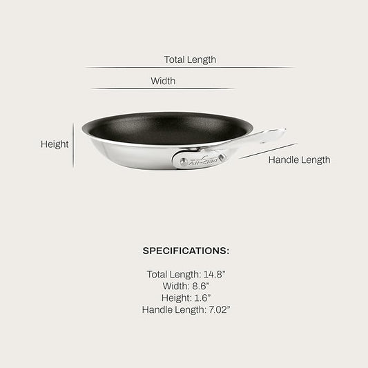 All-Clad D3 8 Inch Stainless Steel Pro Non Stick Frying pan, 3-Ply Stainless Steel Pan, Induction, Oven Broiler Safe 500F Skillet, Professional Cookware, Silver