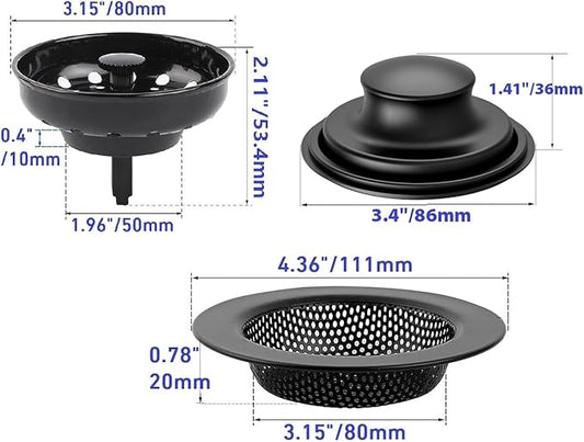 AJOMAN Kitchen Sink Drain Strainer, Cover and Stopper, Food Catcher for Kitchen Sink Drain, Stainless Steel Universal Anti-Clogging Kitchen Sink Filter(3 Pieces, Matte Black)