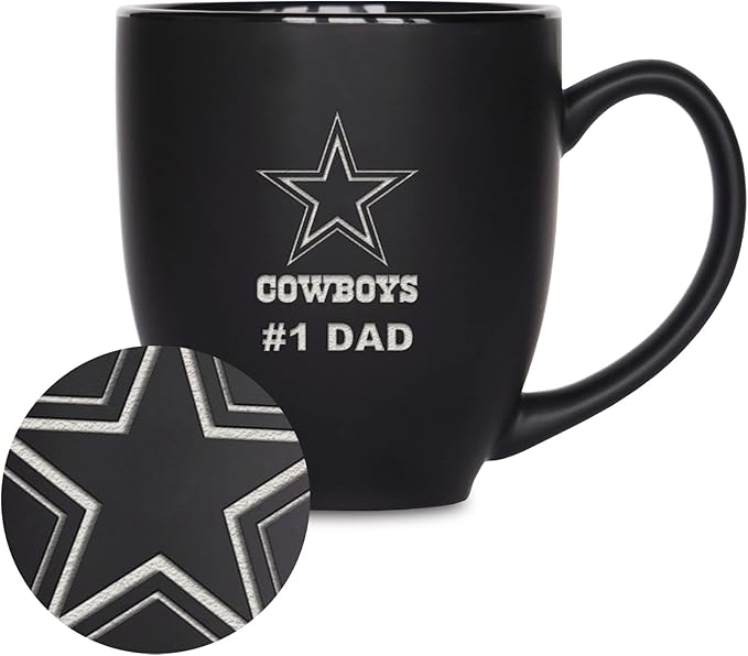 Rico Industries NFL Football #1 Dad 15oz Laser Engraved Matte Black Ceramic Bistro Mug - for Hot or Cold Drinks
