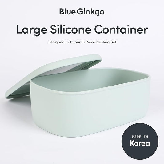 BLUE GINKGO Nesting Silicone Containers - Large Silicone Food Storage Container | BPA Free, Airtight, Dishwasher and Freezer Safe (47.5 oz) - Green