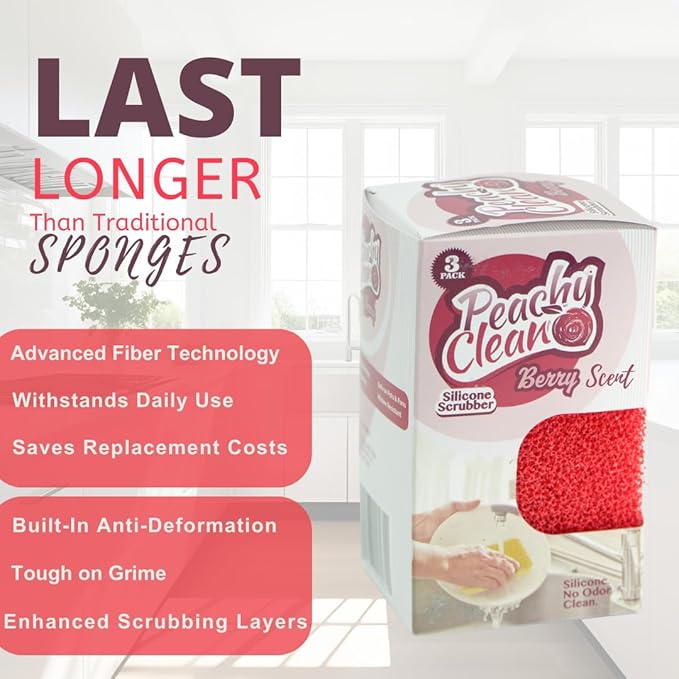 Peachy Clean Silicone Dish Sponge Scrubbers, Fresh Berry Scent, Non-Scratch, Odor-Resistant, Durable Dish Sponges for Kitchen.