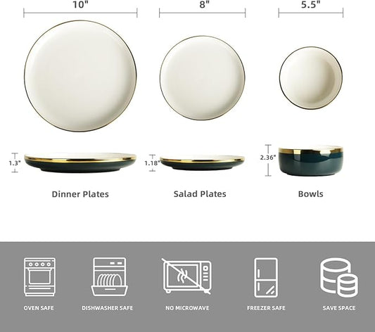 Porcelain Dinnerware Sets, 12 Piece Luxury China Plates and Bowls Sets, Green Dishes Set Gold Rim for Wedding Anniversary Birthday, Modern Dinner Plates Set