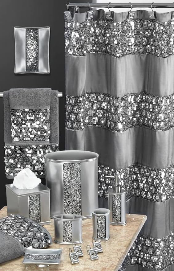 Zahari Home Sinatra 13pc Bathroom Shower Curtain Set - Classic Luxury Fabric Curtains with Unique Design & 12 Hooks