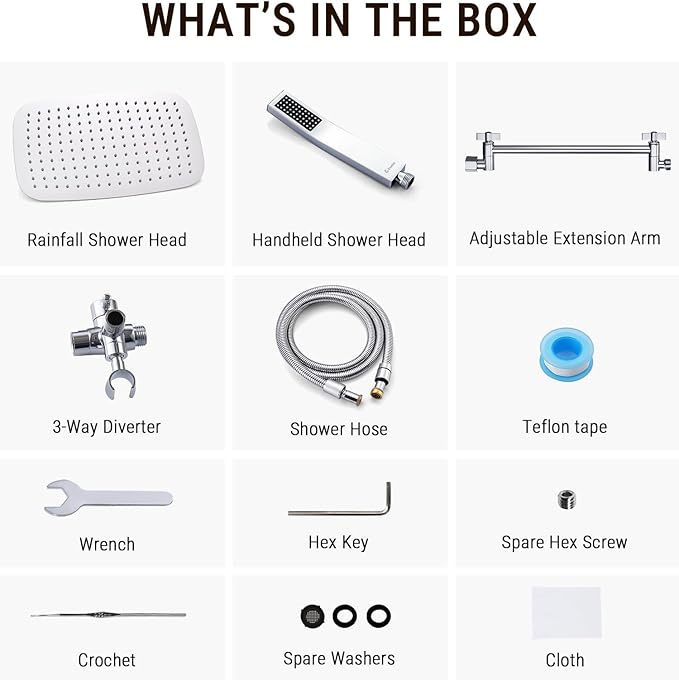 G-Promise All Metal 14 Inch Dual Square Shower Head with Handheld Spray Combo, Rain Shower Head, Adjustable Extension Arm, 3-Way Diverter, 71 Inch Extra Long Hose - A Bathroom Upgrade (Chrome)