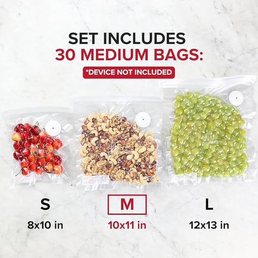 Chef Preserve Reusable Vacuum Sealer Bags for Food β 30 BPA-Free Medium (10 x 11 in) Food Storage Bags, Freezer, Microwave β Odor-Resistant, Leak-Proof β Compatible with Chef Preserve Vacuum Sealers