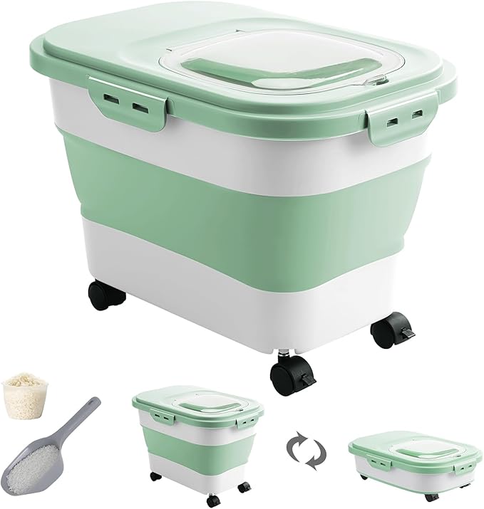 20-30 Lbs Rice Storage Container,Collapsible Food Storage Containers with Rolling Wheel Airtight Locking Lid,Flour Storage Container with Cup and Scoop,Suitable for Food,Rice,Pet Food,Flour