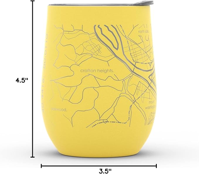 Well Told Engraved Pittsburgh Pennsylvania Map Insulated Wine Tumbler, Etched Stainless Steel Cup (12 oz, Sunrise Yellow) City Map Insulated Tumbler, Custom Insulated Tumbler, Outdoor Drinkware