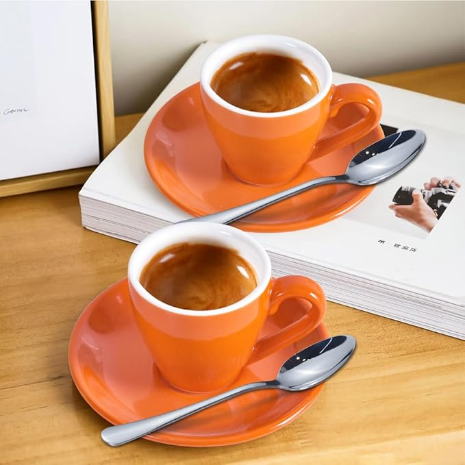 Porcelain Espresso Cup with Saucer And Stainless Steel mini Spoons, Espresso shot Cup, 80ml/2.7Oz, Pack of 2, Orange