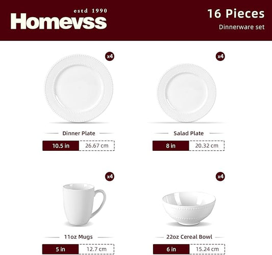 HomeVss, New Bone China Dinnerware Set, Embossed Pearl Design, 16pc Set
