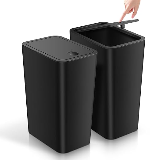TIPGO Bathroom Trash Can with Lid, 4 Gallon / 15 Liter Small Garbage Can, Press Top Bin, Plastic Wastebasket with Pop-Up Lid for Bedroom, Living Room, Office (Black, 2 Pack)