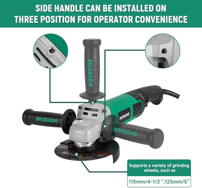 Hoteche 5-Inch Angle Grinder 11-Amp Heavy Duty Variable Speed Power Grinder Corded Electric Grinding & Cutting Tool for Metal, Quick-Change Disc Compatible(Tool Only)