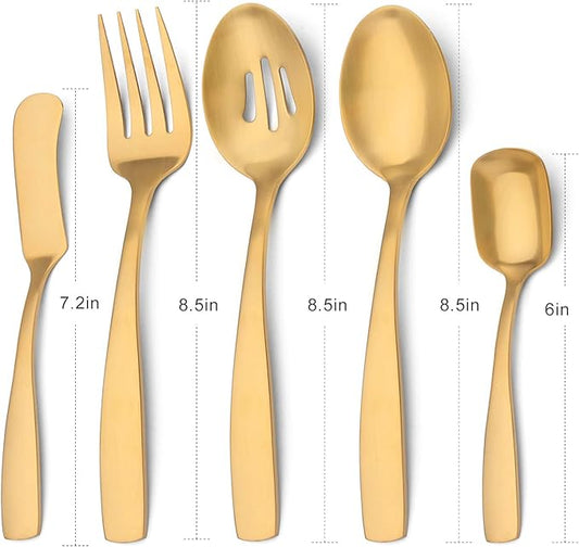 O.C.E. 5-Piece Matte Gold Serving Flatware Silverware Set, Utensil Set of Stainless Steel, Satin Finish, Hostess Tableware Serving Set, Dishwasher Safe