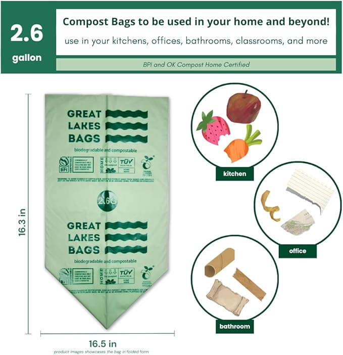 Great Lakes 2.6 Gallon Compostable and Biodegradable Trash Bag, 100 Count, Small Compostable Bag For Kitchen Food Scrap, Bathroom, Office, Certified by BPI and OK Compost Home
