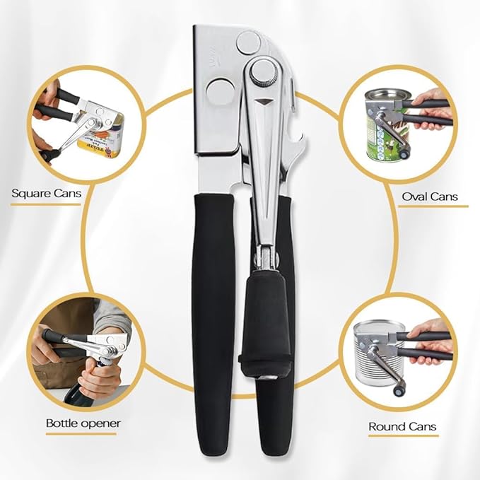 Manual Can Opener,Commercial Heavy Duty Can Openers with Easy-Turn Crank,Ergonomic Long Rubber Handle for Seniors
