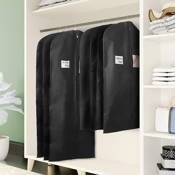 KEEGH Garment Bags for Hanging Clothes 60" (Set of 6) Dress Bags for Gowns Long Dress Bags for Closet Storage with Zipper and Eye-Hole for Folding for Suit Coats Dresses, Black