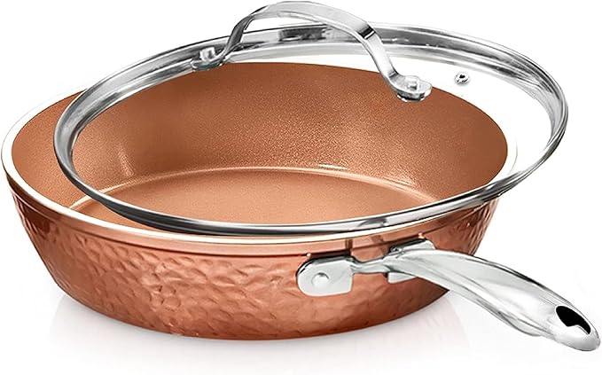 GOTHAM STEEL Hammered Copper 12 Inch Non Stick Frying Pans with Lid, Frying Pans Nonstick with Lid, Non Toxic Ceramic Pan for Cooking, Nonstick Frying Pan, Induction Pan, Oven and Dishwasher Safe