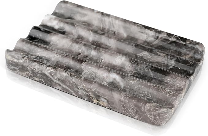 Marble Soap Dish, Bar Soap Holder Shower, Brown Soaps Saver with Water Ripple Design, Easy Cleaning Stone Sponge Holder for Kitchen Sink,Bathroom, Executive Natural Stone Soap Tray