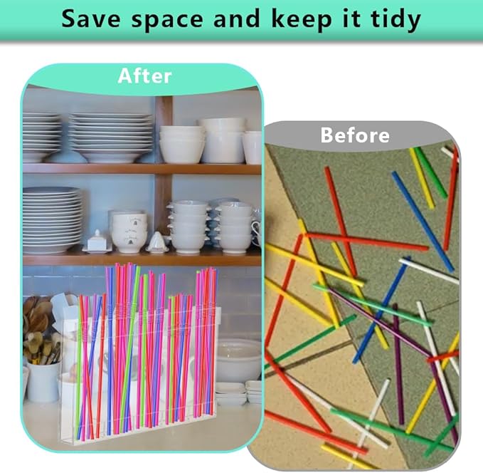 Straw Holder for Cabinet Door, Acrylic Straw Organizer Storage Dispenser, Space Saving Kitchen Accessories Container with Ultra Sticky Adhesive Strips