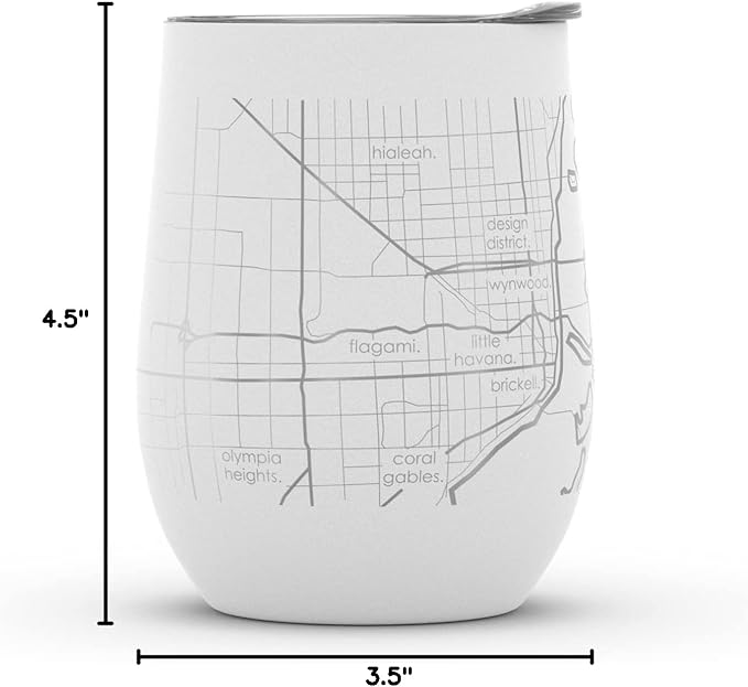 Well Told Engraved Miami Florida Map Insulated Wine Tumbler, Etched Stainless Steel Wine Tumbler (12 oz, White) City Map Insulated Tumbler, Custom Insulated Tumbler, Outdoor Drinkware