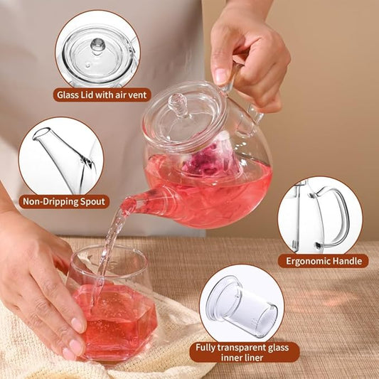 Glass Teapot with Removable Clear Infuser, Ehugos 800ml/27oz Heat Resistant Borosilicate Glass teapot Blooming and Loose Leaf Tea Maker, Microwave & Dishwasher Safe
