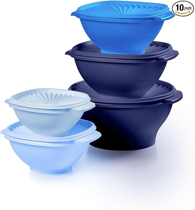 Tupperware Heritage Collection, New 10 Piece Food Storage Container Set in Vintage Blue, Dishwasher Safe and BPA Free (5 Bowls, 5 Lids)