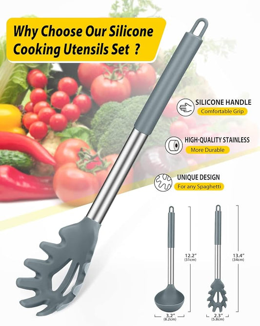 Silicone Pasta Fork and Ladle Spoon Set, Large Non Stick Kitchen Utensils for Cooking,Stirring,Serving Spaghetti, Soup, Sauce (GRAY)