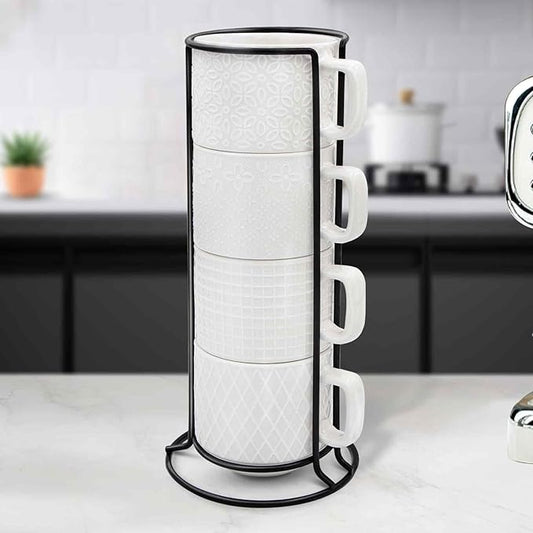 Stackable Coffee Mug Set of 4 with Stand, 10oz Ceramic Cups with Spoons β Ribbed Porcelain Mugs for Tea, Latte, Cappuccino β Microwave & Dishwasher Safe β Gift for Home & Office Use (White)