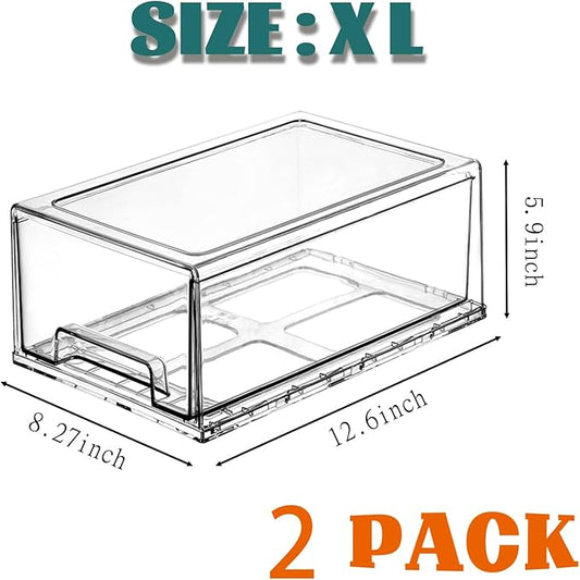 Clear Stackable Refrigerator Organizers and Storage Drawers - Pull-Out Fridge Bins with Anti-Slip Base & Easy Clean, Plastic Organizers for Kitchen Pantry Cabinet Closet (2XL)