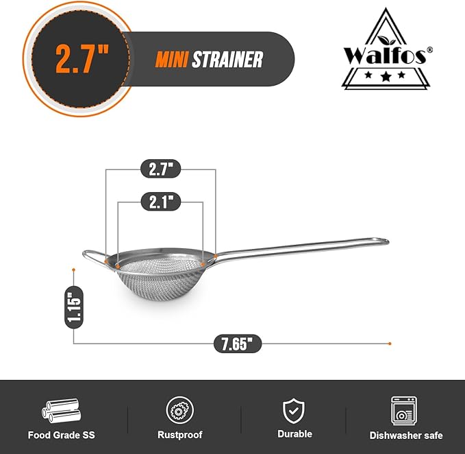 Walfos Small Fine Mesh Tea Strainer, Mini Stainless Steel Sieve with Handle, 2.7 Inch Kitchen Metal Sifter Strainers for Tea, Juicing, Coffee, Cocktail, Powdered Sugar, Matcha (2 Pack)