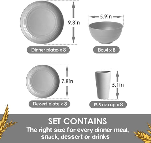 Teivio 32-Piece Kitchen Plastic Wheat Straw Dinnerware Set, Service for 8, Dinner Plates, Dessert Plate, Cereal Bowls, Cups, Unbreakable Colorful Plastic Outdoor Camping Dishes, Light Gray