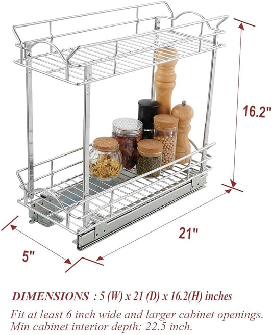 OCG Slide Out Cabinet Organizer for Narrow Cabinet (5" W X 21" D), 2 Tier Pull Out Shelves Slim Sliding Cabinet Organizer and Storage, Chrome