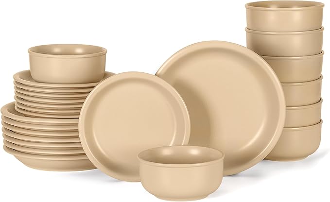 GZG Vintage Series - Ceramic Dinnerware Set for 8, 24 Pieces Stoneware Plates and Bowls Set, Lead-Free, Handcrafted Dishes Set, Microwave & Dishwasher Safe - Warm Apricot