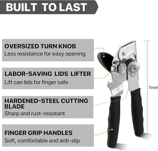 Can Opener Manual Heavy Duty, UHIYEE Hand Held Can Openers for Seniors with Comfort Grip Sharp Blade, Solid Steel Hand Manual Can Open with Magnet for Kitchen Camping, Black