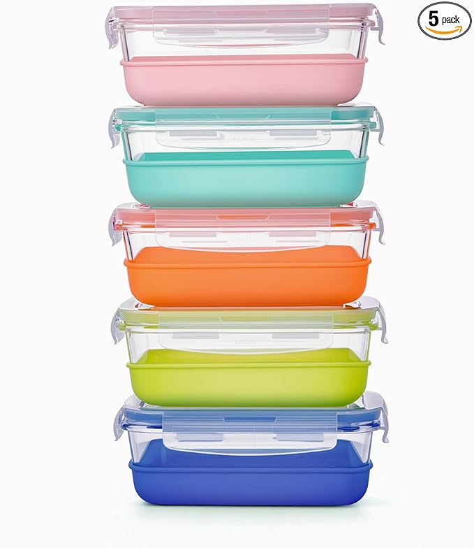 Vtopmart 5 Pack 28oz Glass Food Storage Containers Set with Silicone Sleeve,Glass Meal Prep Containers, Lunch containers with Airtight BPA-Free Plastic Lids, Dishwasher, Microwave, and Freezer Safe