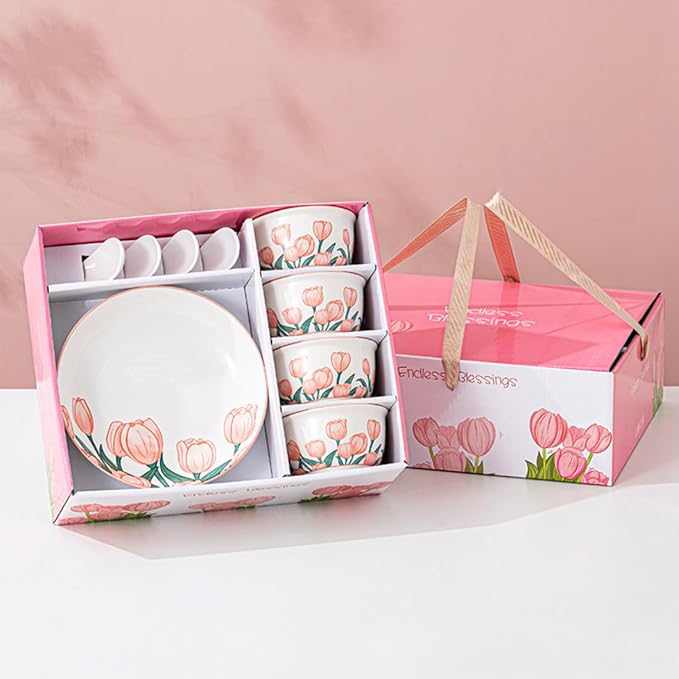 Premium Ceramic Dinnerware Set – Floral Bowls & Plates Set, Elegant Hand-Painted Design, Microwave Safe, Ideal for Wedding/Housewarming/Corporate Gifts (Tulip, 4*bowls+spoons+plates)