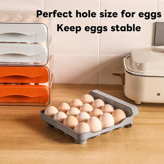 Egg Container Holders Dispenser for Refrigerator 32 Eggs, 2 Tier Clear Stackable Holder Tray with Drawer for Fridge, Egg Drawer for Refrigerator, Egg Tray Countertop (Grey)
