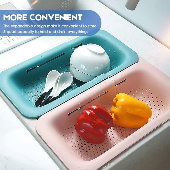 Collapsible Colander Kitchen Extendable Strainer Fruits Vegetables Noodle Pasta Food Drain Basket Space-Saver Portable Drainer Over Sink (1, 4#Pink)