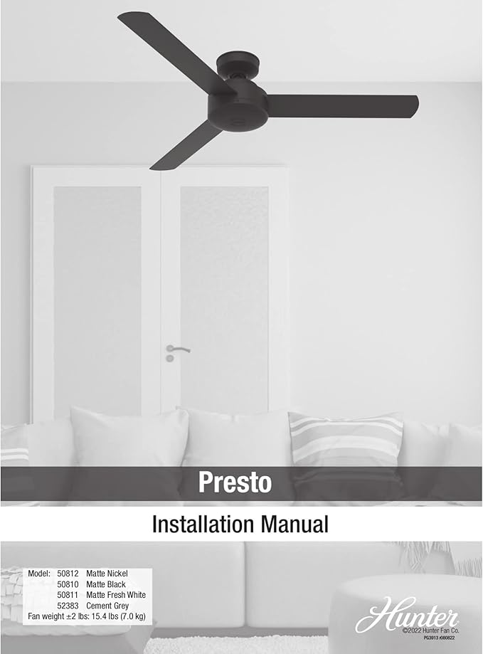 Hunter 52 inch Indoor Ceiling Fan No Light - Modern Ceiling Fan without Light, 3 Blades, Standard Mount, For Bedroom, Living Room, or Kitchen, Wall Control - Presto 52383, Dove Grey