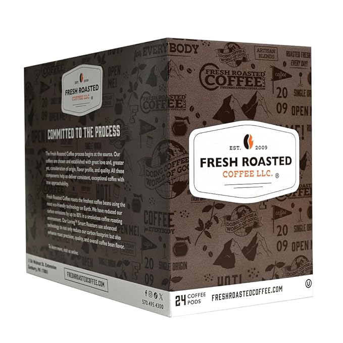 Fresh Roasted Coffee, Organic Ethiopian Sidamo Water-Processed Half-Caf | USDA Organic, 100% Single Origin, Kosher | Medium Roast 24 Pods for K Cup Brewers