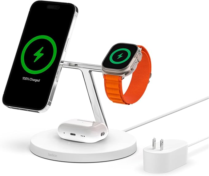 Belkin MagSafe Charger, 3-in-1 Wireless Charging Stand, 2ND GEN, 33% Faster for Apple Watch, iPhone 16, iPhone 15, iPhone 14 Series, AirPods - MagSafe Charging Station for Multiple Devices - White