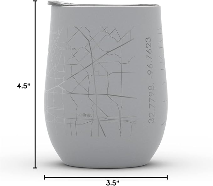 Well Told Engraved Dallas Texas Map Insulated Wine Tumbler, Etched Stainless Steel Cup (12 oz, Dockside Gray) City Map Insulated Tumbler, Custom Insulated Tumbler, Outdoor Drinkware