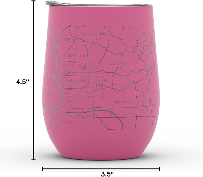 Well Told Engraved Atlanta Georgia Map Insulated Wine Tumbler, Etched Stainless Steel Cup (12 oz, Sunset Pink) City Map Insulated Tumbler, Custom Insulated Tumbler, Outdoor Drinkware
