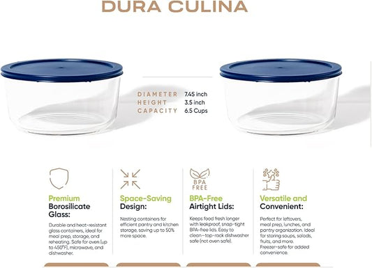 4-Piece Glass Food Storage Containers Set (2 Containers + 2 BPA-Free Lids) | 6.5-Cup, Leakproof | Microwave, Freezer, Oven & Dishwasher Safe | Ideal for Meal Prep & Pantry Organization, Blue
