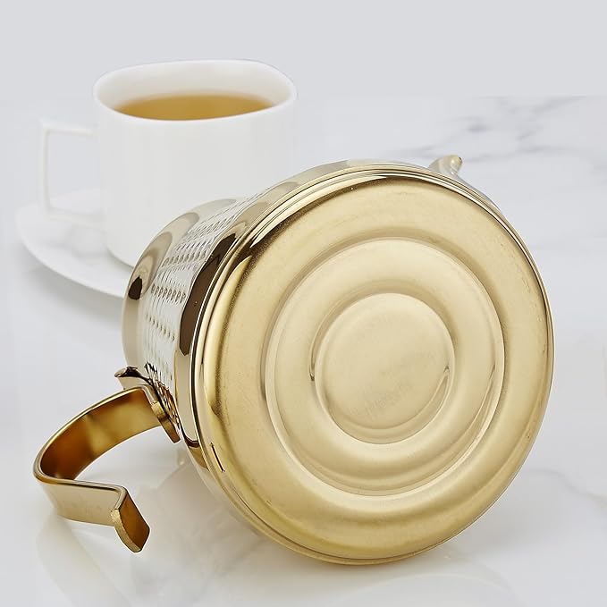 SANQIAHOME 1.2L(40oz) Stainless Steel Hammer Patterned Teapot With Removeable Infuser,Loose leaf cover,Gold