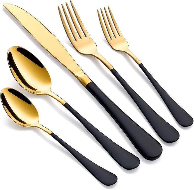 20-Piece Black and Gold Silverware Set 18/0 Stainless Steel Silverware Set Black Handle Cutlery Set Service for 4 Dinner Knives Forks Spoons Set Flatware Set Finish Dishwasher Safe