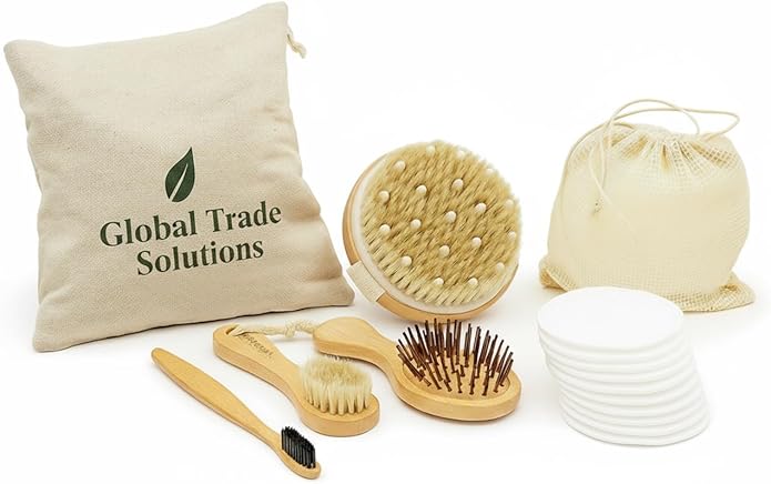 Eco-Friendly Bamboo Personal Care Set β Hair Brush, Massage Brush, Facial Brush, Toothbrush, Reusable Cotton Pads & Storage Bags β Sustainable Zero Waste Gift for Women & Men