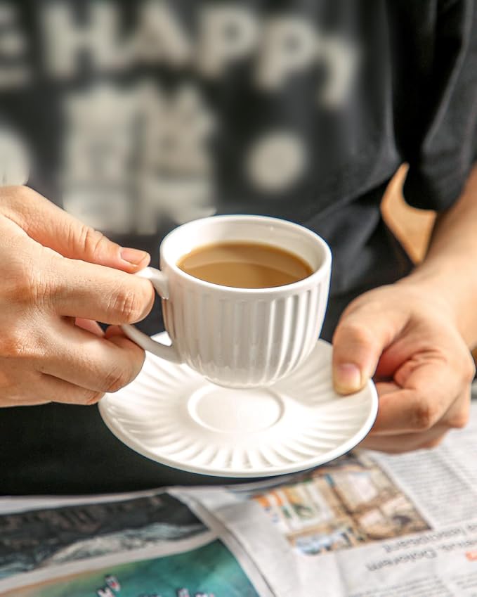 Hasense 4 Oz Espresso Cups with Saucers Set of 6, Ribbed Cappuccino Cups Ceramic for Coffee,Espresso,Double shot,Latte and Macchiato, Demitasse Cups Set Aesthetic Gift, White